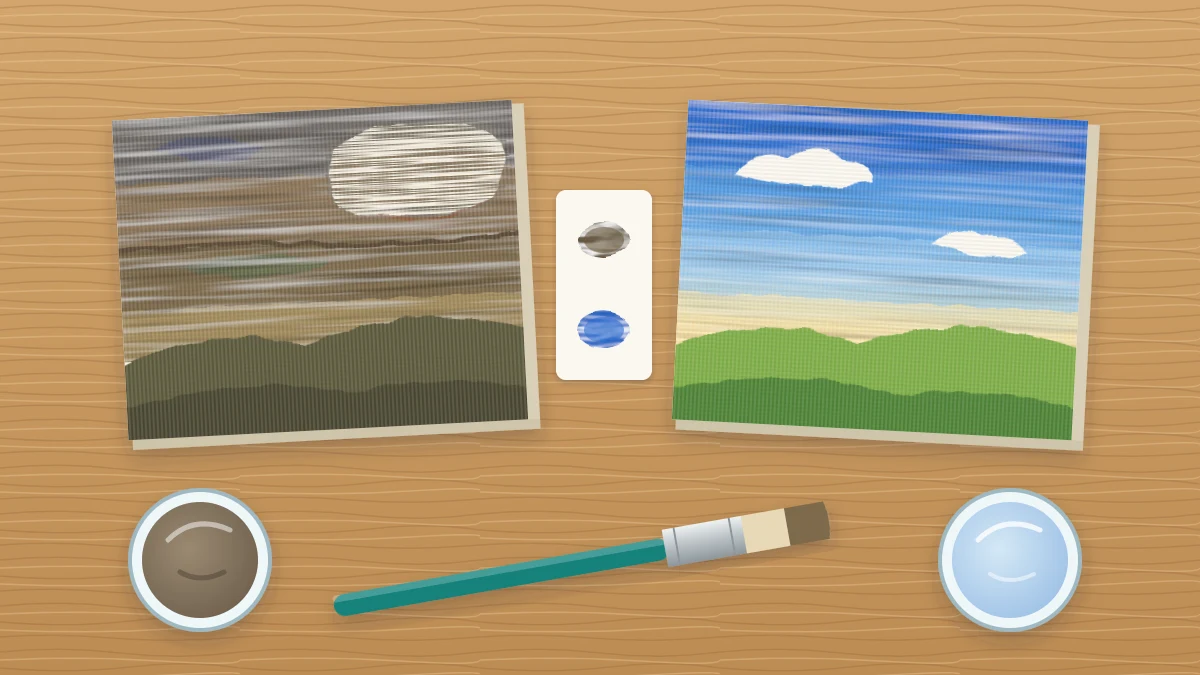 Two small canvases side by side: one with a muddy brownish sky and a streaky patch, one with a clean bright sky and smooth blend