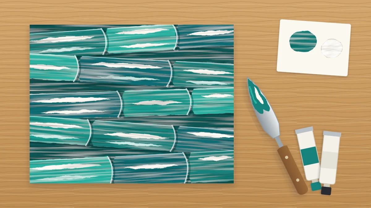 Canvas panel covered in thick ridged strokes of teal and white paint, with a palette knife lying beside it and paint on its blade