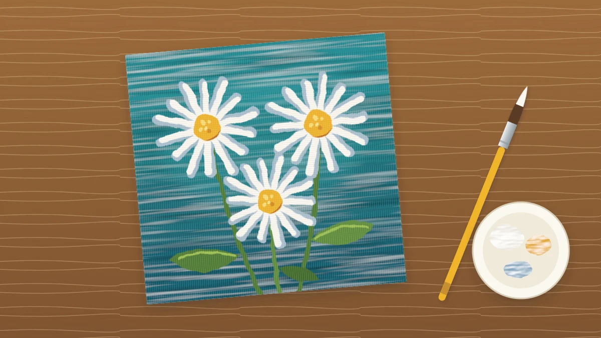 Small canvas with three white daisies with yellow centers, green stems and leaves on a teal-blue background, beside a small round brush
