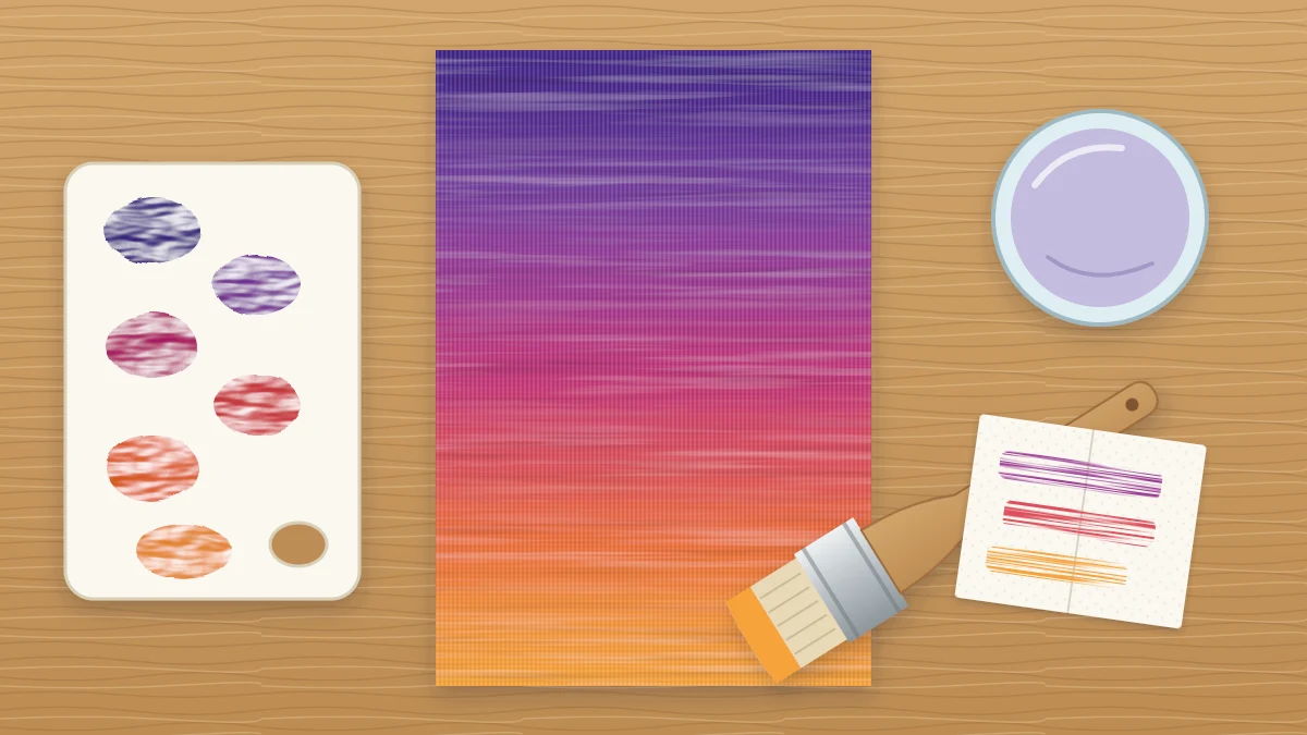 Vertical canvas panel with a smooth fade from deep violet through magenta to warm orange, a wide flat brush lying across the lower corner