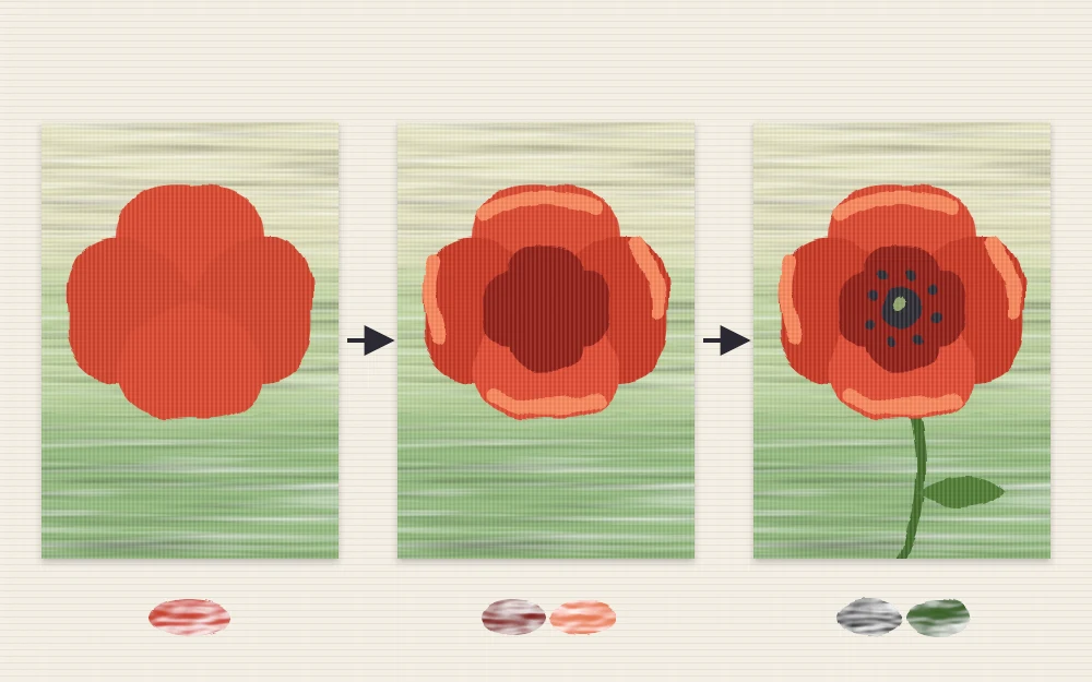 Three stages of one poppy: four flat mid-red petals, darker red near the center with lighter edges, then a dark dotted center and stem