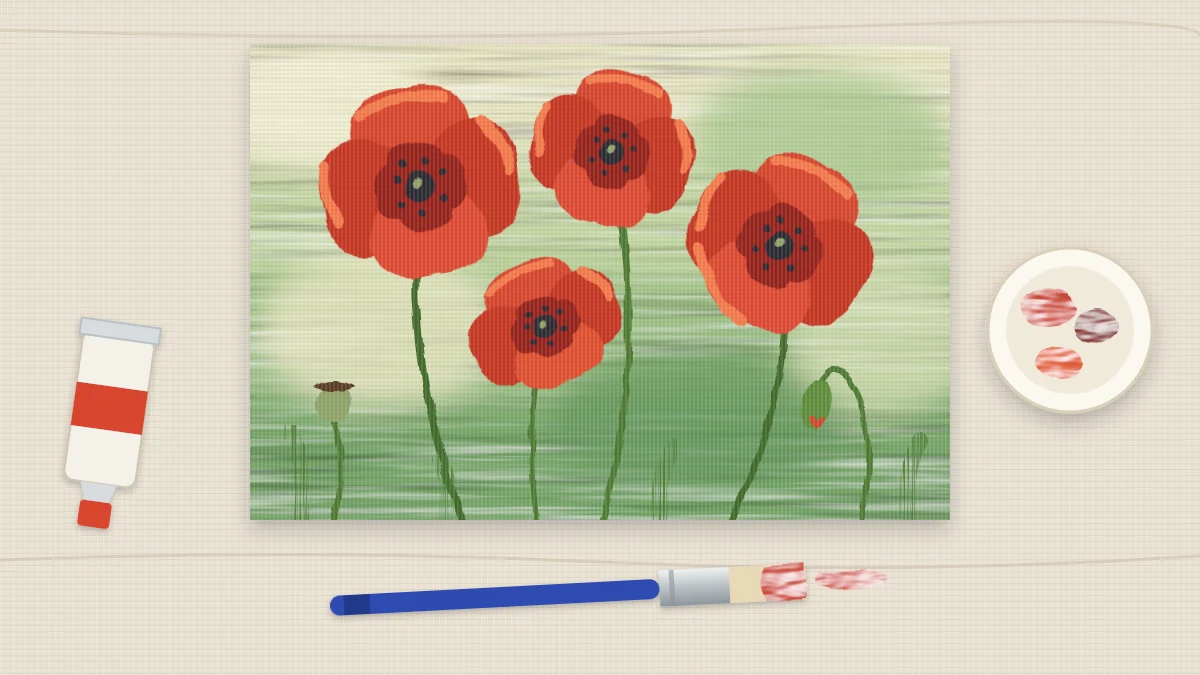 Canvas with four loose red poppies with dark centers on thin curving stems against a soft green and cream background, a flat brush in front