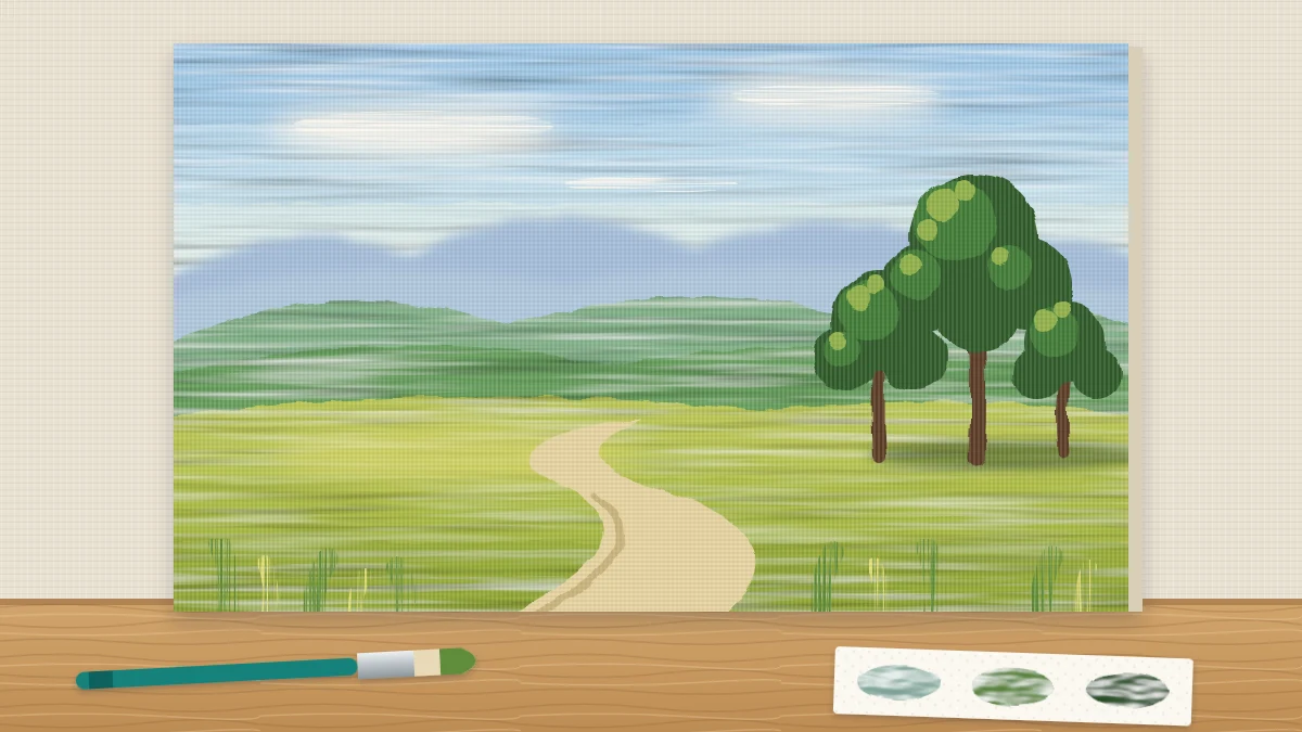 Finished landscape canvas with pale blue sky, light blue distant hills, green middle hills, a yellow-green field with a winding path and dark trees on the right